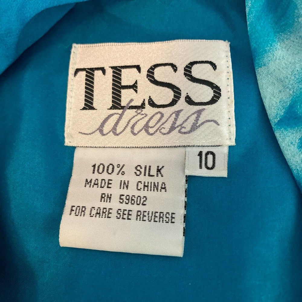 Tess Dress Womens Sz 10 Teal Blue 100% Silk Tie Neck Chiffon Layer Midi - Picture 2 of 6